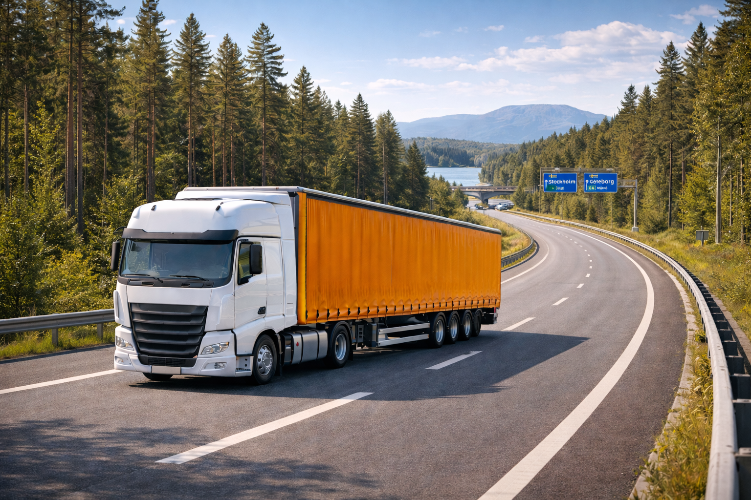 Wegtransport naar Zweden met moderne vrachtwagen – betrouwbaar palletvervoer, LTL en FTL transport van en naar Zweden via Beurdie.com met direct inzicht in tarieven en levertijden